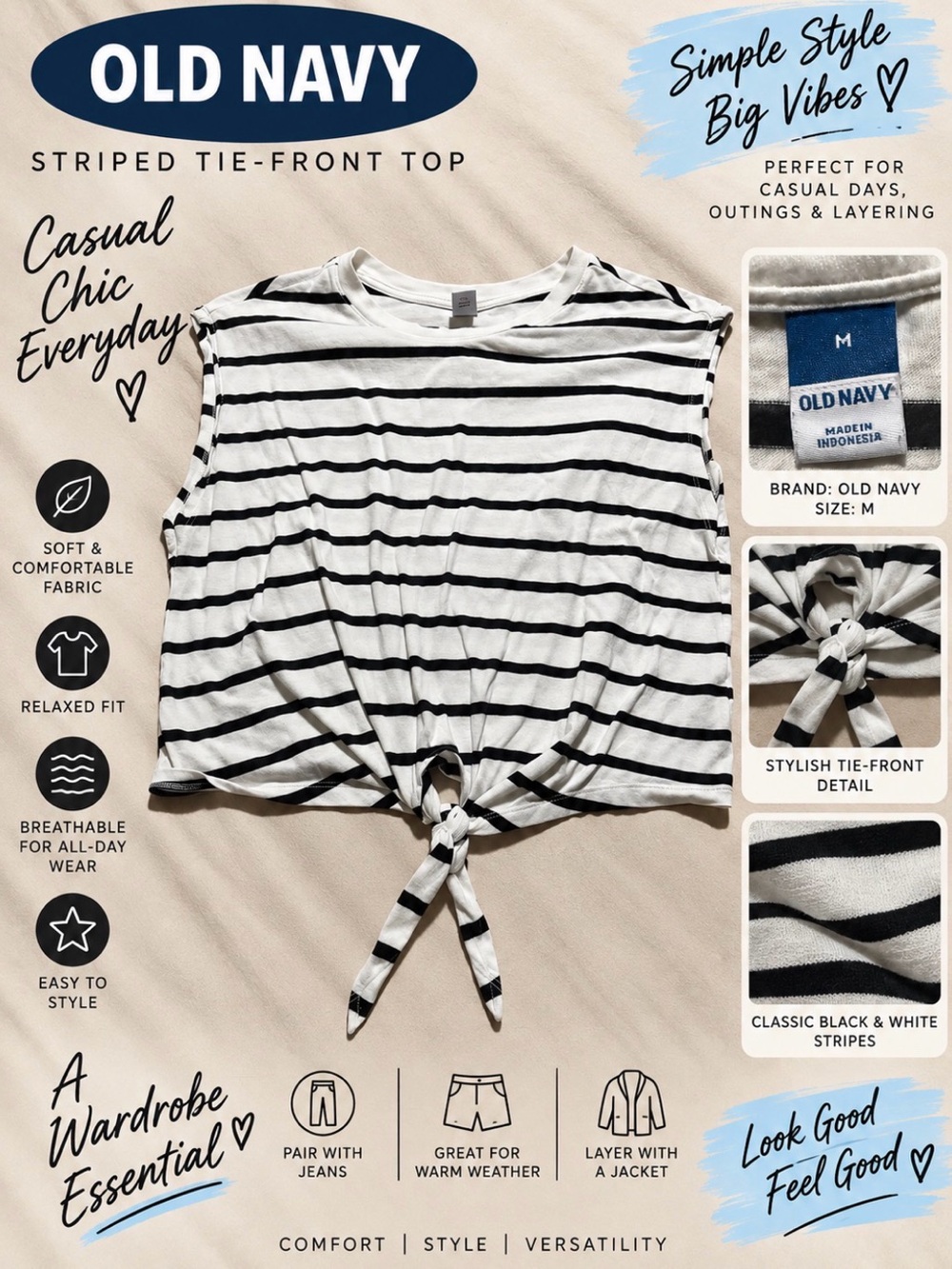 Old Navy Black and White Striped Tie-Front Crop Top